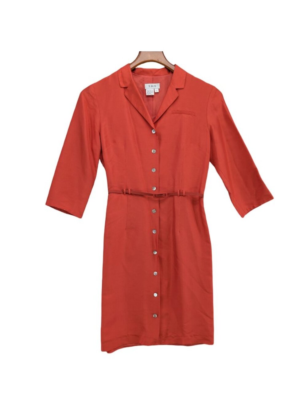 Vtg TAO Silk Shirt Dress Red Orange Half Sleeve Belted Button Front Size 2
